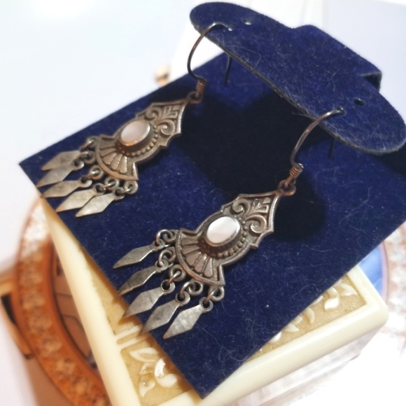 VTG Boho Sterling Mother of Pearl Dangling Earrings - Picture 3 of 7